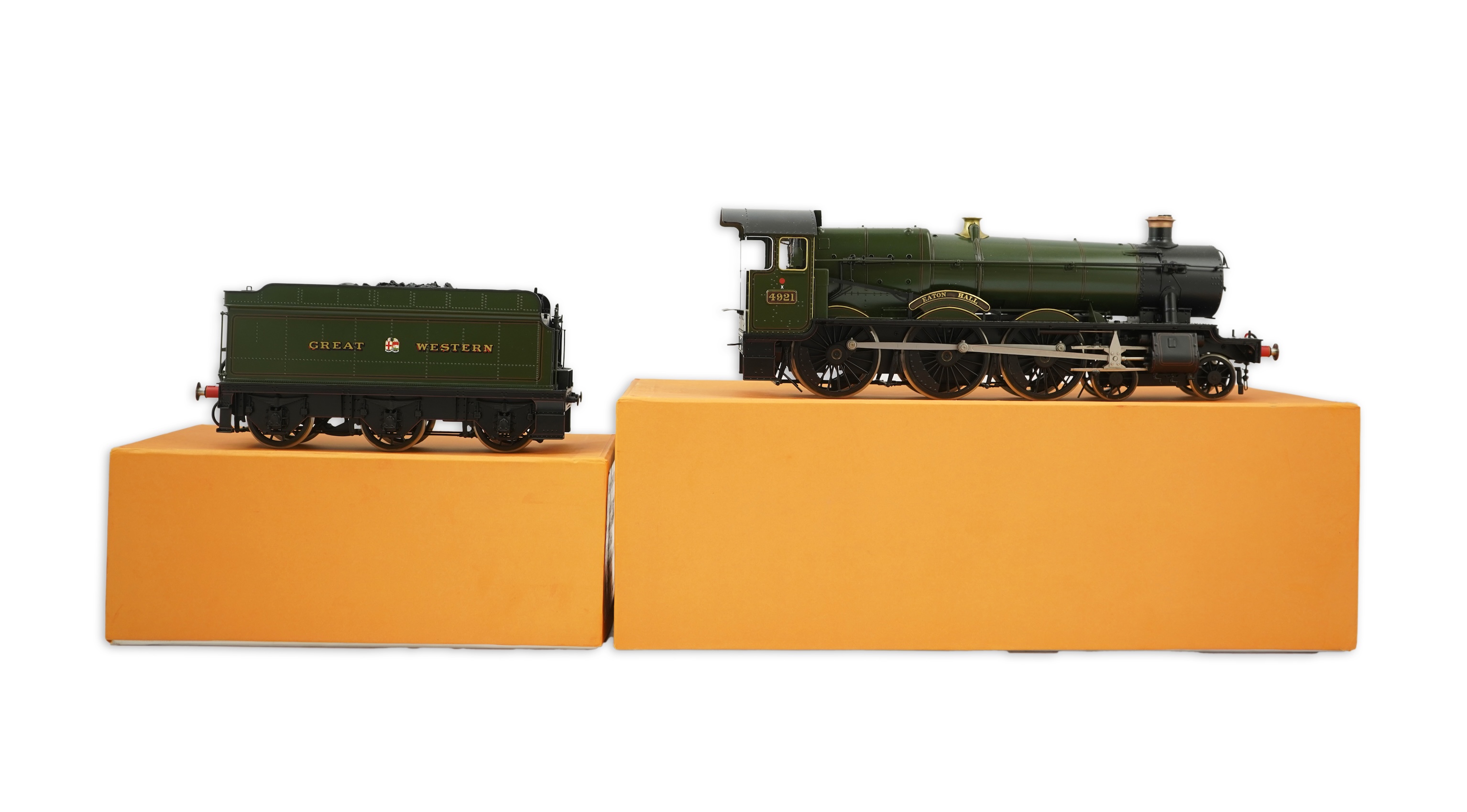 A Gauge One 1/32 scale Finescale Brass (by SanCheng, China) model of GWR Hall Class, Eaton Hall, 4921, 4-6-0 tender locomotive, powered for two rail operation, with original separate boxes for the locomotive and tender.